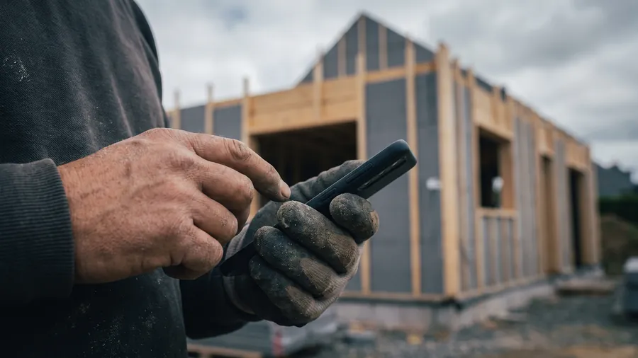 Un entrepreneur consulte son téléphone sur un chantier