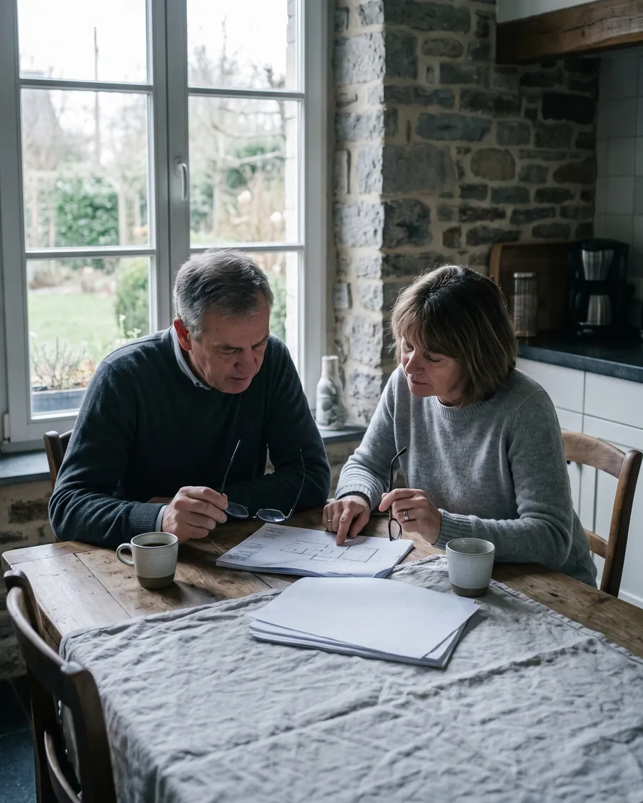 Un couple regarde un devis de rénovation dans sa cuisine