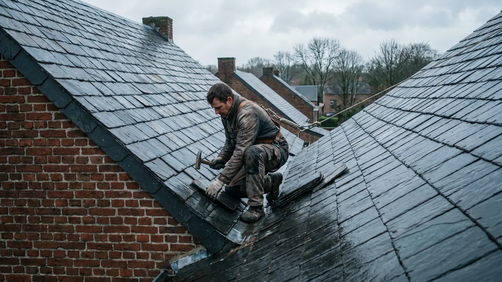 Couvreur posant des ardoises sur le toit d'une maison en briques en Wallonie